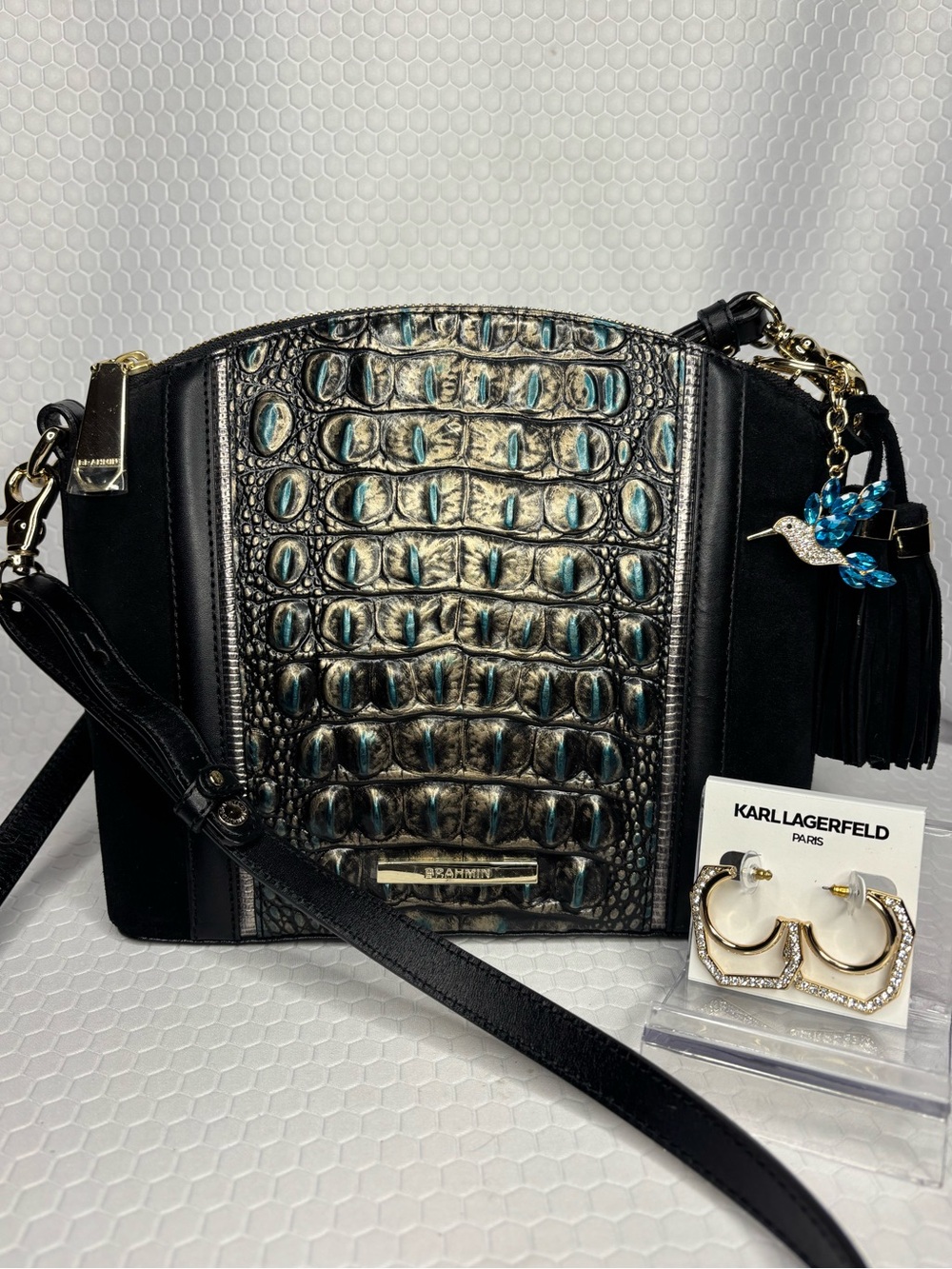Brahmin Black and Metallic Teal Croc-Embossed and Suede Crossbody Bundle